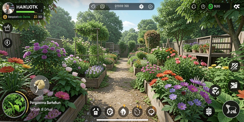 Tampilan gameplay HAIKUOTK dengan ladang yang subur dan beragam tanaman.