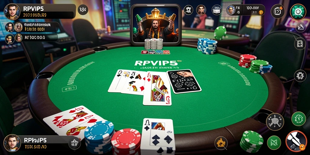 Tampilan dinamis gameplay RPVIP5 dengan pemain poker berkompetisi.