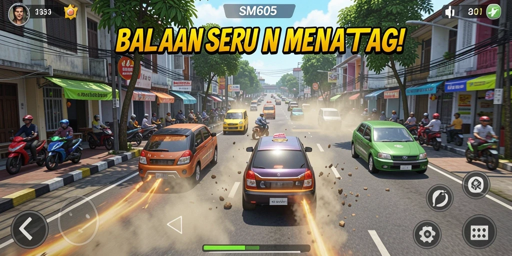 Tampilan menarik dari gameplay balapan SM605 yang menegangkan.